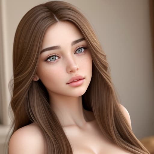  Highly detailed realistic woman, natural plump lips, hazel eyes which are almond shaped, sweet, kind, and caring, long brown hair, beautiful and pretty face