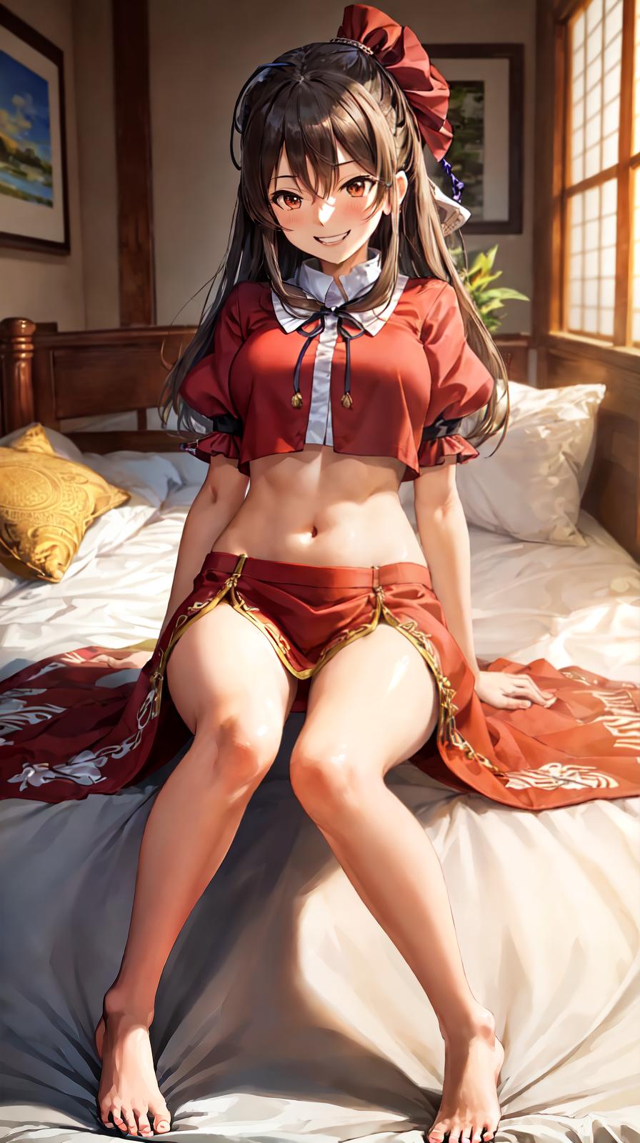  master piece , best quality,best quality ,, trembling with ual , face , grin smug, , line, full body, sagging s ,bed sit astride , oil, large , 東方project(博麗霊夢)