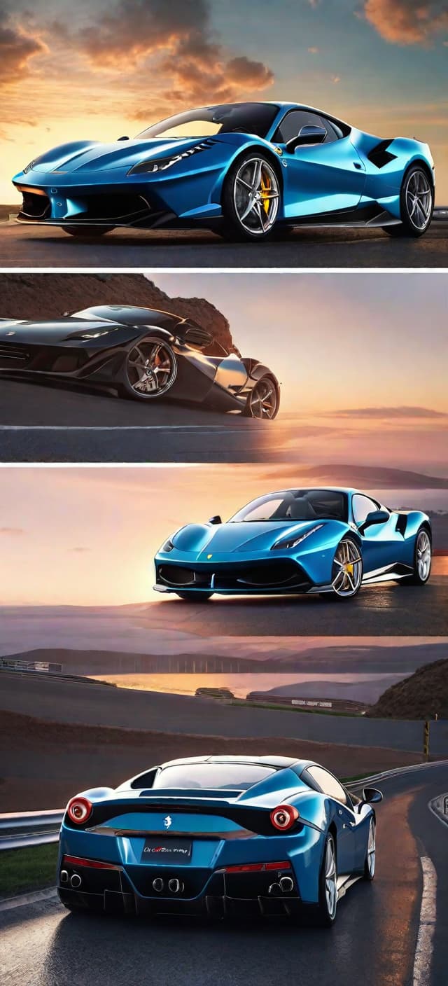  (realism style), Blue Ferrari car, modern and hyper realistic, sunset in the background, 8K, high resolution