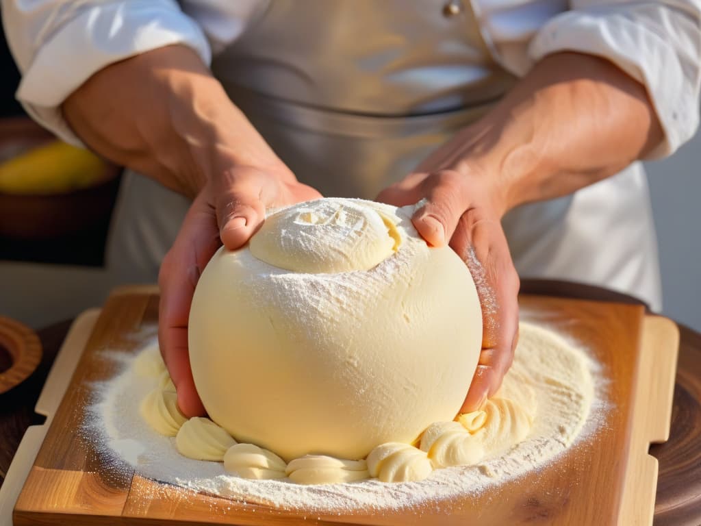  An ultradetailed image of a master baker's hands expertly kneading a perfectly risen ball of dough, showcasing the intricate folds and textures of the dough under soft, natural lighting. The baker's hands are adorned with flour, emphasizing the artistry and precision required in crafting the perfect dough for bread and pastries. hyperrealistic, full body, detailed clothing, highly detailed, cinematic lighting, stunningly beautiful, intricate, sharp focus, f/1. 8, 85mm, (centered image composition), (professionally color graded), ((bright soft diffused light)), volumetric fog, trending on instagram, trending on tumblr, HDR 4K, 8K