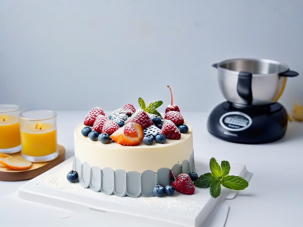  A highresolution, ultradetailed image of a minimalist kitchen countertop with sleek, modern appliances like a stand mixer, measuring cups, and a digital food scale neatly arranged. On the countertop, there is a beautifully decorated diabeticfriendly cake with sugarfree frosting, adorned with fresh berries and mint leaves. The image captures the precision and artistry of diabetic baking while maintaining a clean and uncluttered aesthetic. hyperrealistic, full body, detailed clothing, highly detailed, cinematic lighting, stunningly beautiful, intricate, sharp focus, f/1. 8, 85mm, (centered image composition), (professionally color graded), ((bright soft diffused light)), volumetric fog, trending on instagram, trending on tumblr, HDR 4K, 8K