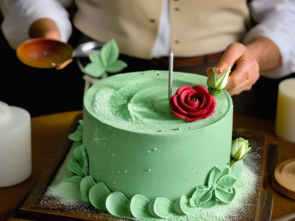  A closeup, highresolution image of a medieval artisan meticulously crafting intricate sugar sculptures in a dimly lit workshop. The artisan's hands, covered in sugar dust, delicately shape a detailed sugar rose, showcasing the historical significance and artistry involved in sugar work during the Middle Ages. The image captures the essence of the era's sweet culinary practices, highlighting the importance of sugar in creating elaborate confections. hyperrealistic, full body, detailed clothing, highly detailed, cinematic lighting, stunningly beautiful, intricate, sharp focus, f/1. 8, 85mm, (centered image composition), (professionally color graded), ((bright soft diffused light)), volumetric fog, trending on instagram, trending on tumblr, HDR 4K, 8K