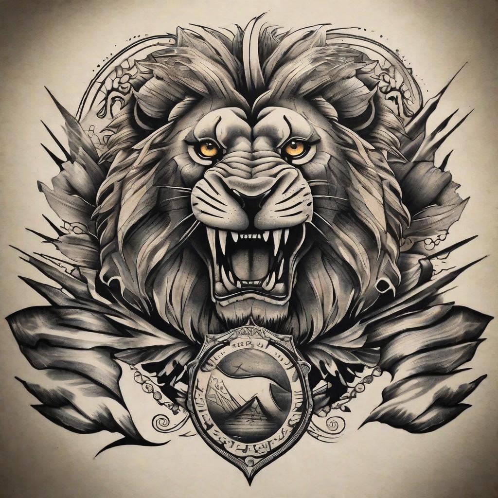  masterpiece, best quality, Lion as land eagle as air shark as water all in one tattoo in the man back