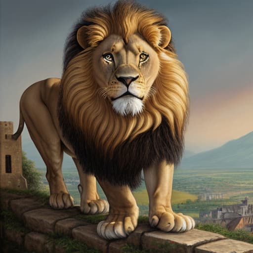  A lion on the castle, original painting, war, extreme detail, HD, 8k, masterpiece, best quality