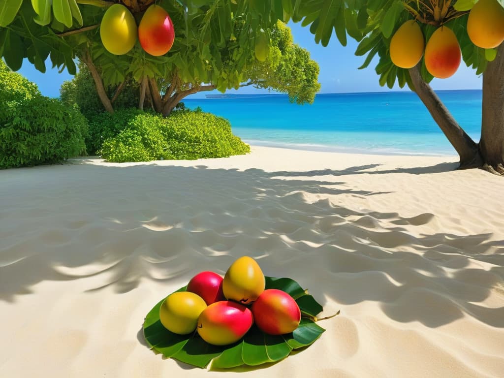  A photorealistic image of a vibrant tropical scene with a lush mango tree heavy with ripe fruit, set against a backdrop of a crystalclear turquoise ocean and a golden sandy beach. The sunlight filters through the leaves, casting dappled shadows on the ground, while a few juicy mangoes lie scattered in the foreground. The image captures the essence of a tropical paradise, evoking a sense of freshness, abundance, and exotic beauty. hyperrealistic, full body, detailed clothing, highly detailed, cinematic lighting, stunningly beautiful, intricate, sharp focus, f/1. 8, 85mm, (centered image composition), (professionally color graded), ((bright soft diffused light)), volumetric fog, trending on instagram, trending on tumblr, HDR 4K, 8K