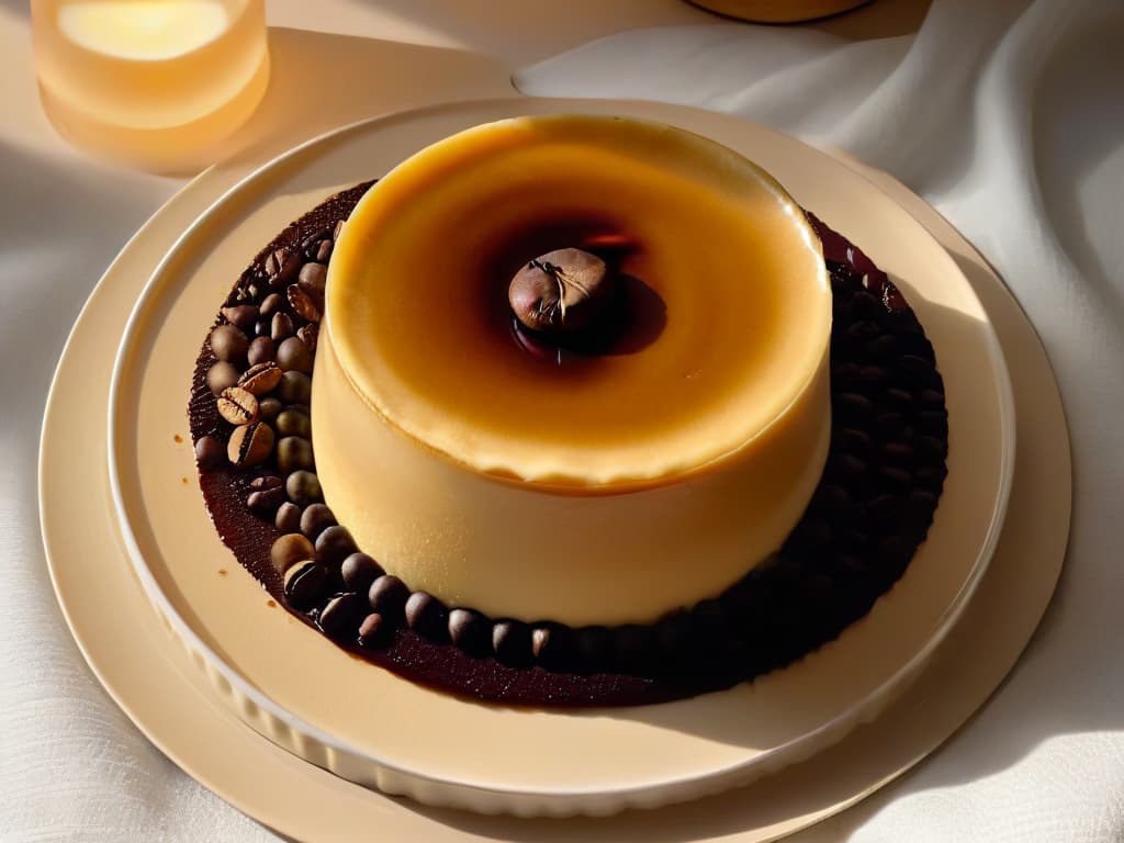  An 8k ultradetailed image of a delicate coffeeflavored flan resting on a sleek, modern plate, adorned with a single, meticulously placed coffee bean on top. The flan is perfectly smooth, with a subtle caramel glaze glistening under soft lighting, highlighting its creamy texture. The background is a subtle gradient of warm hues, enhancing the minimalist design and drawing the viewer's focus to the elegant simplicity of the dessert. hyperrealistic, full body, detailed clothing, highly detailed, cinematic lighting, stunningly beautiful, intricate, sharp focus, f/1. 8, 85mm, (centered image composition), (professionally color graded), ((bright soft diffused light)), volumetric fog, trending on instagram, trending on tumblr, HDR 4K, 8K