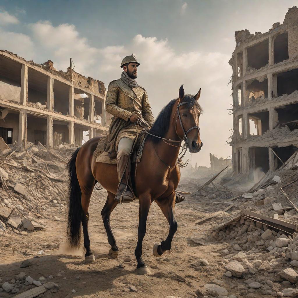  a majestic warrior on a horse, symbolizing resilience and strength in Gaza showing destroyed buildings and ruins from the war, high quality high detail painting by lucian freud, hd, photorealistic lighting, style of van gogh hyperrealistic, full body, detailed clothing, highly detailed, cinematic lighting, stunningly beautiful, intricate, sharp focus, f/1. 8, 85mm, (centered image composition), (professionally color graded), ((bright soft diffused light)), volumetric fog, trending on instagram, trending on tumblr, HDR 4K, 8K