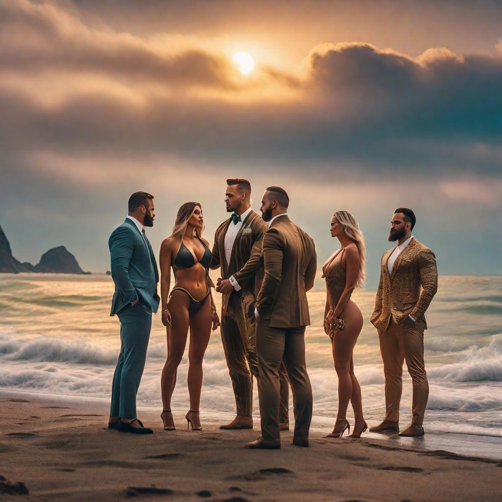  crypto bros surrounded by women at the beach hyperrealistic, full body, detailed clothing, highly detailed, cinematic lighting, stunningly beautiful, intricate, sharp focus, f/1. 8, 85mm, (centered image composition), (professionally color graded), ((bright soft diffused light)), volumetric fog, trending on instagram, trending on tumblr, HDR 4K, 8K