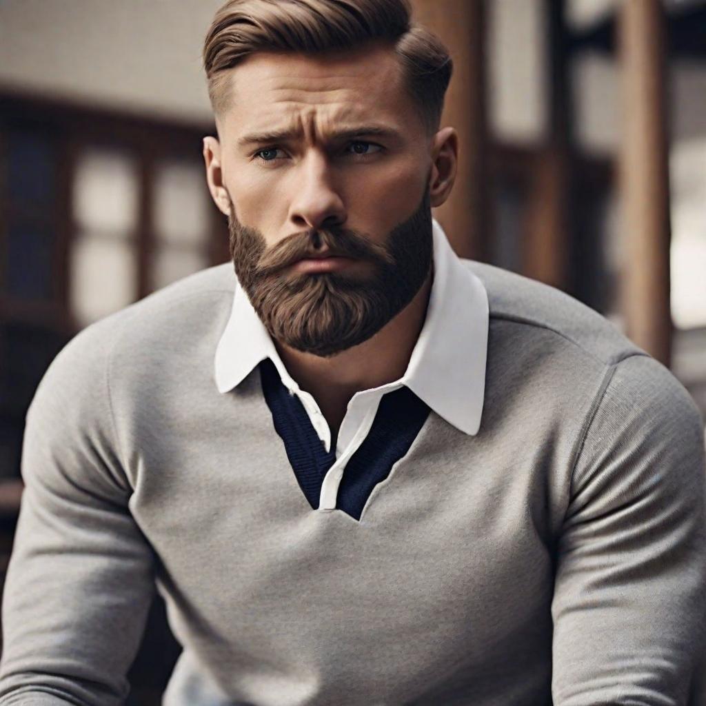  masterpiece, best quality,white mail, average built with brown hair, skin fade haircut and short beard, wearing grey trousers, slim fit white linen shirt and navy quarter zip sweater,