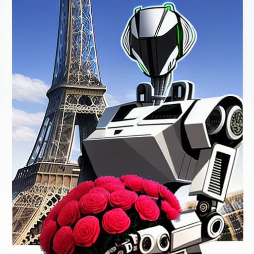  A digital art piece of a robot holding a bouquet of flowers in front of the Eiffel Tower