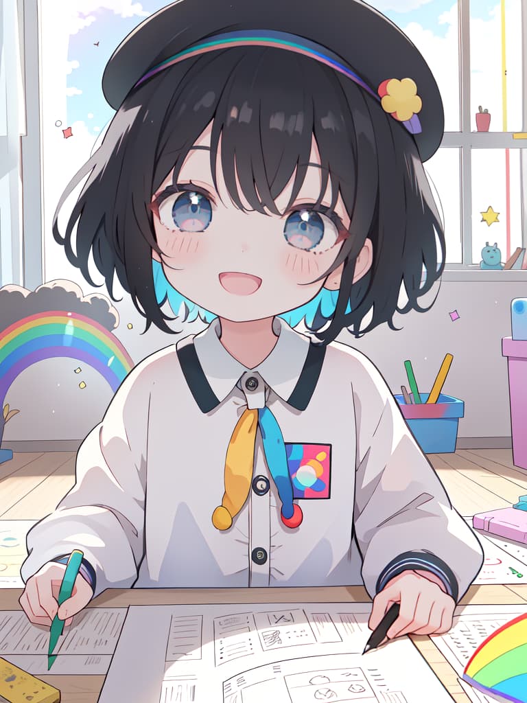  Infants, crayons, play, sit, look back, room, dirty, Rainbow, Bob, beret, black hair, smiling, open mouth, masterpiece, best quality,8k,ultra detailed,high resolution,an extremely delicate and beautiful,hyper detail