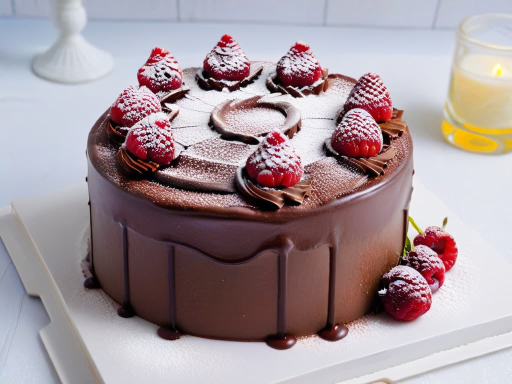  A closeup, ultradetailed image of a perfectly layered vegan chocolate cake, topped with fresh raspberries and a dusting of cocoa powder, set on a sleek, white marble serving platter. The cake is flawlessly frosted with a smooth, glossy ganache, showcasing intricate swirls and delicate piping details. The raspberries glisten with freshness, and the cocoa powder adds a touch of elegance to the overall presentation. The lighting is soft, casting a gentle glow on the dessert, highlighting its exquisite textures and inviting appearance. hyperrealistic, full body, detailed clothing, highly detailed, cinematic lighting, stunningly beautiful, intricate, sharp focus, f/1. 8, 85mm, (centered image composition), (professionally color graded), ((bright soft diffused light)), volumetric fog, trending on instagram, trending on tumblr, HDR 4K, 8K