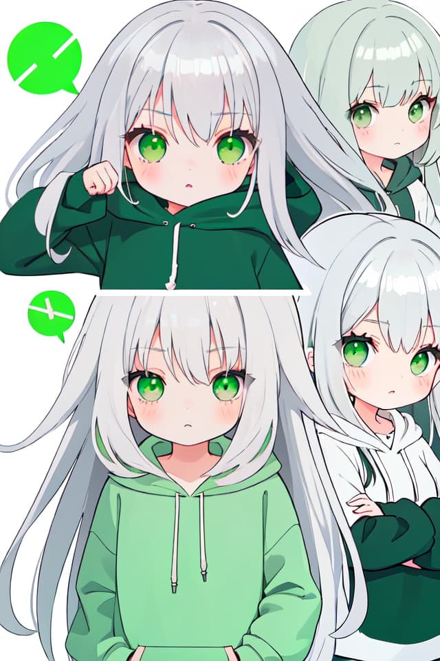  Long silver hair, little girl, hoodie, green eyes