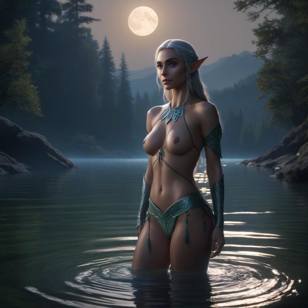  High quality, high detail, photorealism, realism, high resolution, very hot and beautiful elf (full length) in the lake by moonlight, minimum clothing, full size, shapes, , short clothes, shimmering line tattoos hyperrealistic, full body, detailed clothing, highly detailed, cinematic lighting, stunningly beautiful, intricate, sharp focus, f/1. 8, 85mm, (centered image composition), (professionally color graded), ((bright soft diffused light)), volumetric fog, trending on instagram, trending on tumblr, HDR 4K, 8K