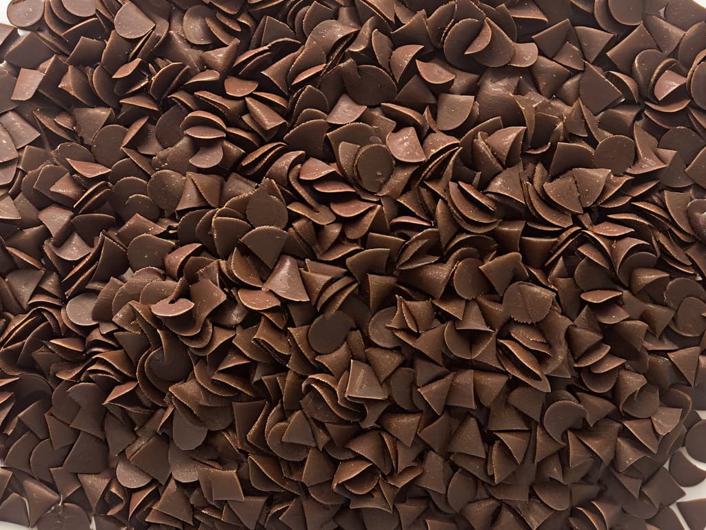  A closeup, ultradetailed image of a variety of premium chocolate chips arranged in a precise, geometric pattern on a sleek, minimalist white background. Each chip is perfectly shaped, showcasing different shades of rich chocolate, from dark to milk to white chocolate. The lighting is soft, highlighting the glossy texture of the chips and creating a luxurious and enticing visual display. hyperrealistic, full body, detailed clothing, highly detailed, cinematic lighting, stunningly beautiful, intricate, sharp focus, f/1. 8, 85mm, (centered image composition), (professionally color graded), ((bright soft diffused light)), volumetric fog, trending on instagram, trending on tumblr, HDR 4K, 8K