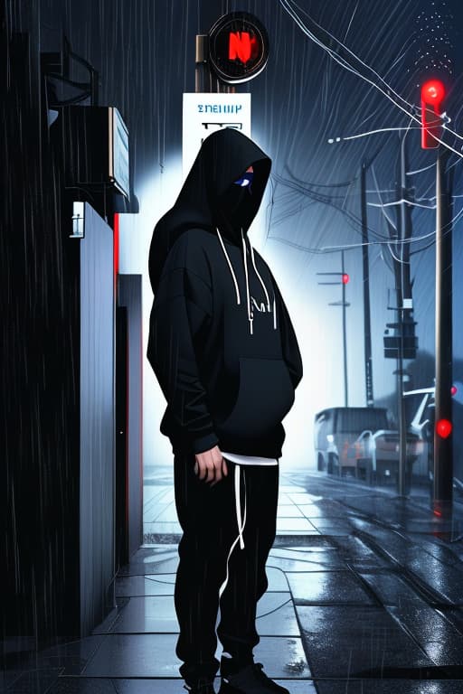  A-TaC , Josh, Epitomistic, Doormentor, The Catentions, He’s Tall all black hoodie up all white mask on face kind of like Jason, standing under street pole in the dark while heavily raining, spotting his enemy