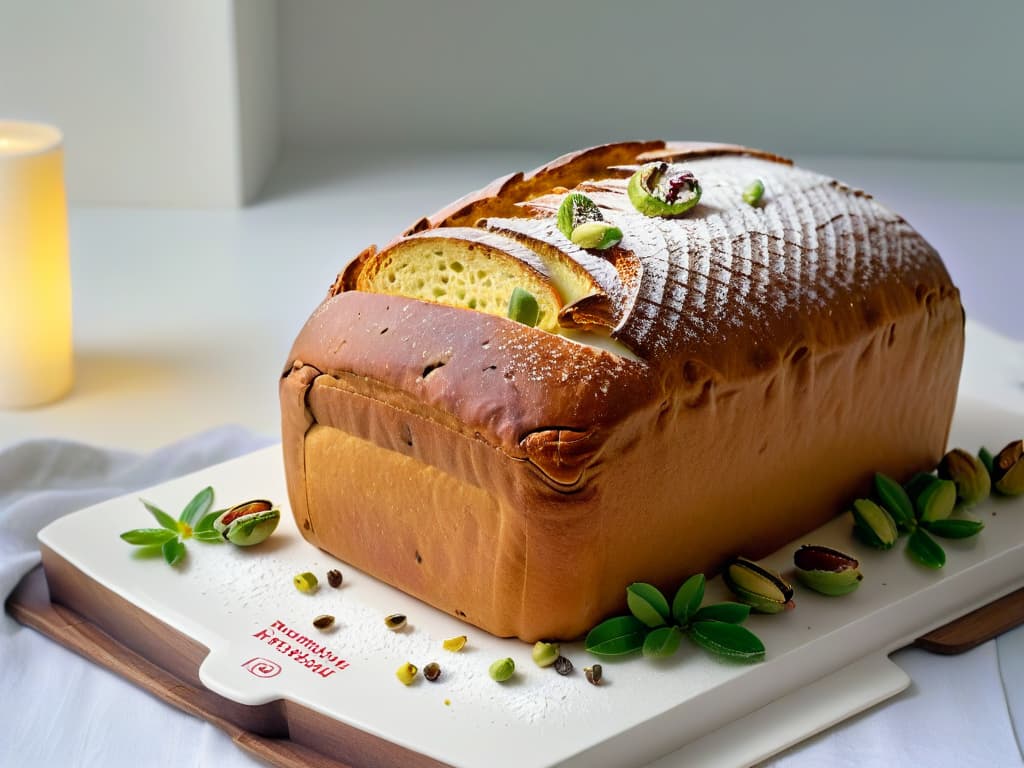  An ultradetailed closeup image of a goldenbrown, perfectly baked Panettone loaf, dusted with powdered sugar and garnished with vibrant red cranberries and green pistachios, set against a stark white background to emphasize its intricate texture and delicate decorations. hyperrealistic, full body, detailed clothing, highly detailed, cinematic lighting, stunningly beautiful, intricate, sharp focus, f/1. 8, 85mm, (centered image composition), (professionally color graded), ((bright soft diffused light)), volumetric fog, trending on instagram, trending on tumblr, HDR 4K, 8K