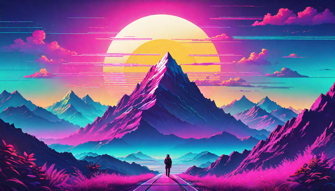  vaporwave,cyberpunk game style Sunrise over mountains, soft light, guiding path, faith and trust, serene and uplifting atmosphereeon, dystopian, futuristic, digital, vibrant, detailed, high contrast, reminiscent of cyberpunk genre video games,retro aesthetic, cyberpunk, vibrant, neon colors, vintage 80s and 90s style, highly detailed