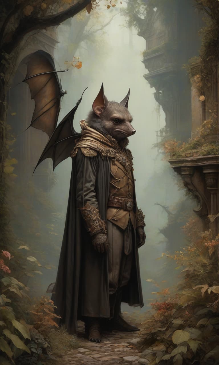  In the style of Jean Baptiste Monge, full length view, In the style of Jean Baptiste Monge, full length, closed portrait of a Victorian ancient man bat philosopher painting in a picturesque mysterious environment intricate, elegant, very detailed, centered, digital painting, art, concept art, smooth, sharp focus, illustration, arterm, tomash alen coper, Peter Moerbacher, Donato Gjancola, Joseph Christian Leyendecker, Wop Leyendecker, Wop, wlop, wop, Detailed View. soft colors, Detailed look. soft colors, hyperrealistic, full body, detailed clothing, highly detailed, cinematic lighting, stunningly beautiful, intricate, sharp focus, f/1. 8, 85mm, (centered image composition), (professionally color graded), ((bright soft diffused light)), volumetric fog, trending on instagram, trending on tumblr, HDR 4K, 8K