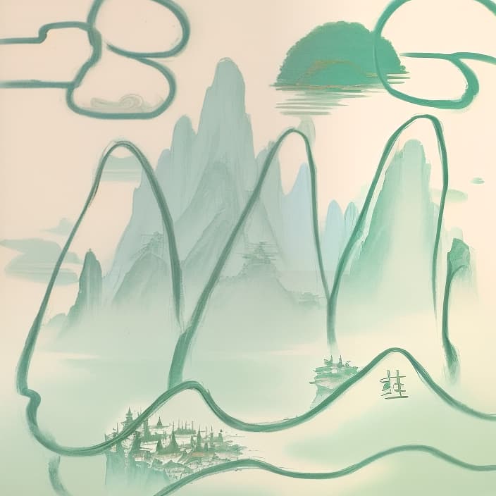  Chinese style landscape painting, mountains, rivers, clouds