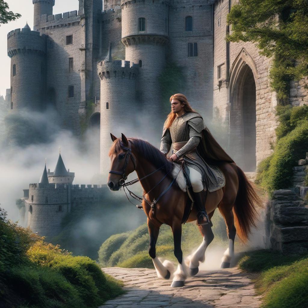  A beautiful Elven princess bride with long chestnut hair riding a gray pony climbs up a stone pathway to a beautiful castle, where a handsome but stern looking king with chestnut hair down to his shoulders awaits. hyperrealistic, full body, detailed clothing, highly detailed, cinematic lighting, stunningly beautiful, intricate, sharp focus, f/1. 8, 85mm, (centered image composition), (professionally color graded), ((bright soft diffused light)), volumetric fog, trending on instagram, trending on tumblr, HDR 4K, 8K