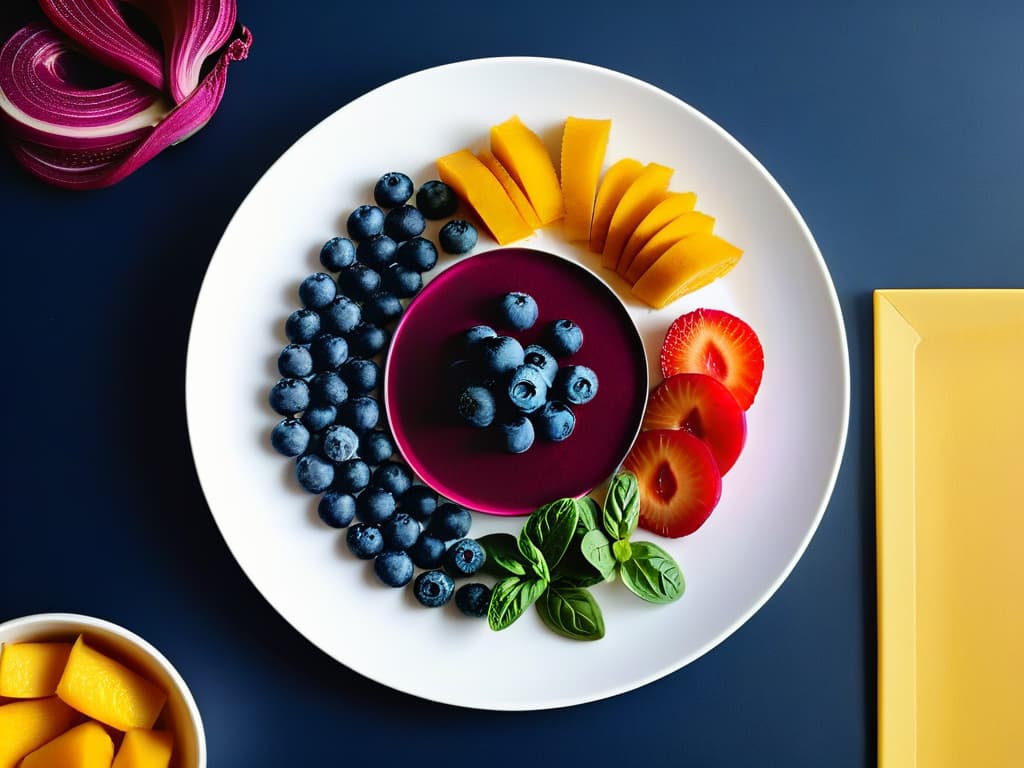  A minimalist image of various vibrant fruits and vegetables sliced and arranged in a visually appealing pattern on a sleek white ceramic plate, showcasing natural food dyes like beetroot, turmeric, blueberries, and spinach. The colors are rich and vivid, highlighting the potential for creating healthy and colorful dishes using natural ingredients. hyperrealistic, full body, detailed clothing, highly detailed, cinematic lighting, stunningly beautiful, intricate, sharp focus, f/1. 8, 85mm, (centered image composition), (professionally color graded), ((bright soft diffused light)), volumetric fog, trending on instagram, trending on tumblr, HDR 4K, 8K