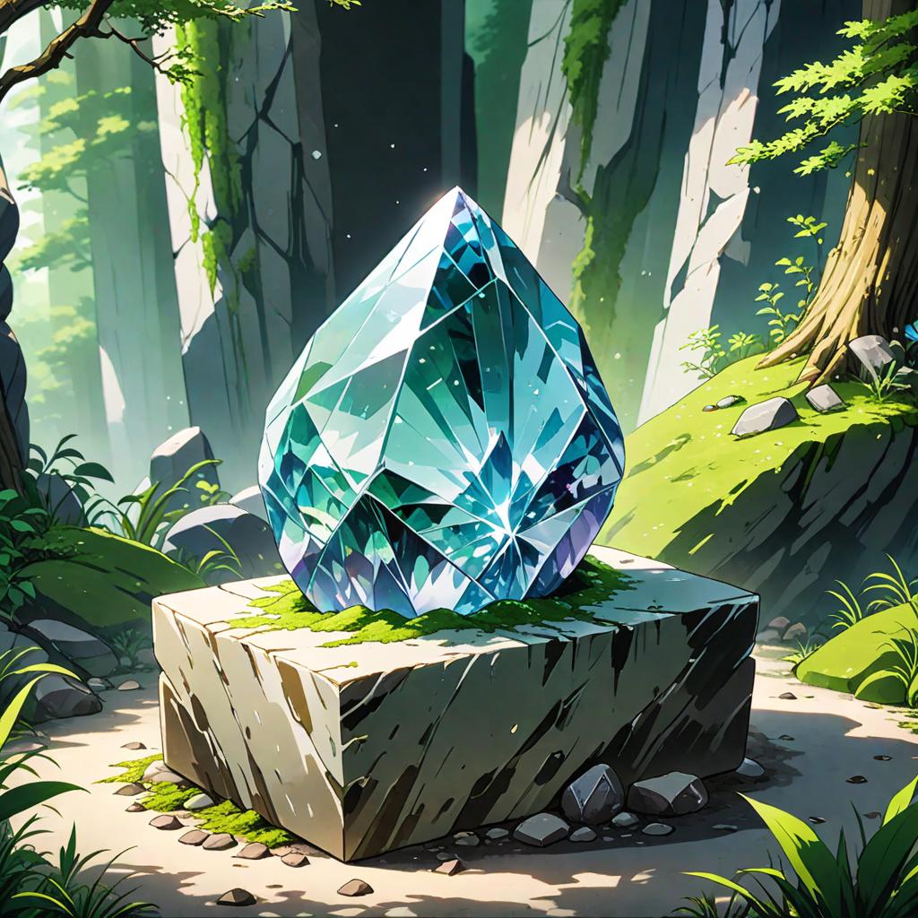  anime style artwork, (masterpiece:1.1), (highest quality:1.1), A dazzling earth stone crystal, with facets that glint and refract the light, rests on a rough hewn stone pedestal. Its smooth, polished surface catches the eye, inviting closer inspection. The crystal's deep, rich hues seem to pulse with an inner energy, as if holding secrets waiting to be uncovered. The stone beneath it is mossy and textured, adding a natural, organic element to the scene. The stillness of the setting allows the crystal to take center stage, inviting contemplation and admiration., anime style, key visual, vibrant, studio anime, highly detailed