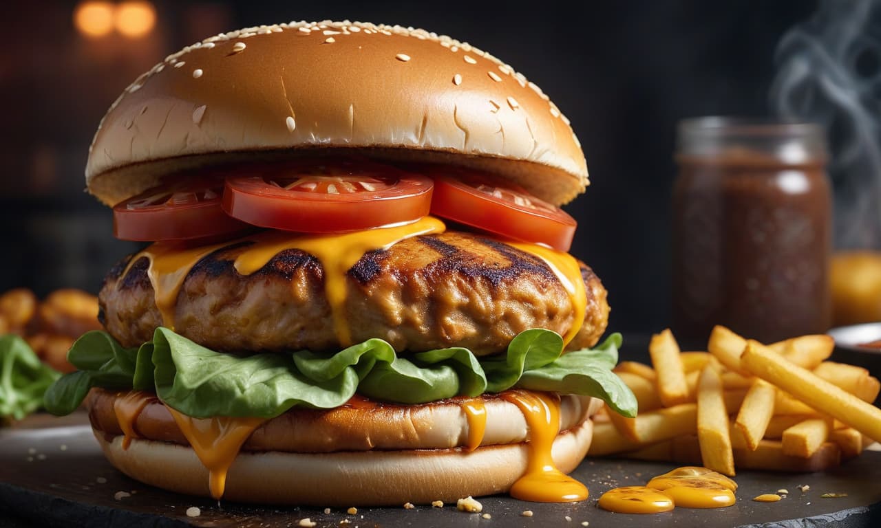  Double Chicken burger with TOMATO BUN and melty cheese, cinematic lights, high res hyperrealistic, full body, detailed clothing, highly detailed, cinematic lighting, stunningly beautiful, intricate, sharp focus, f/1. 8, 85mm, (centered image composition), (professionally color graded), ((bright soft diffused light)), volumetric fog, trending on instagram, trending on tumblr, HDR 4K, 8K