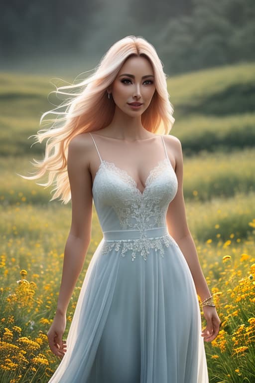  Please draw a beautiful fair skinned with a gentle smile. Her large eyes are a clear blue and are framed by long eyelashes. Her silky golden hair reaches down to the middle of her back and flows in the wind. She has a slender figure and wears a long white lace dress. Her collarbone and limbs, which can be seen through the dress, are delicate and slender. The background is the gr of a lush park. The is standing barefoot and holding a bouquet of wildflowers in one hand. A composition that shows her whole body, from a slightly lower angle, would be good. Please use a realistic touch to the drawing, and use soft, gentle colors. Please create a soft, fluffy atmosphere, as if with a soft focus. hyperrealistic, full body, detailed clothing, highly detailed, cinematic lighting, stunningly beautiful, intricate, sharp focus, f/1. 8, 85mm, (centered image composition), (professionally color graded), ((bright soft diffused light)), volumetric fog, trending on instagram, trending on tumblr, HDR 4K, 8K