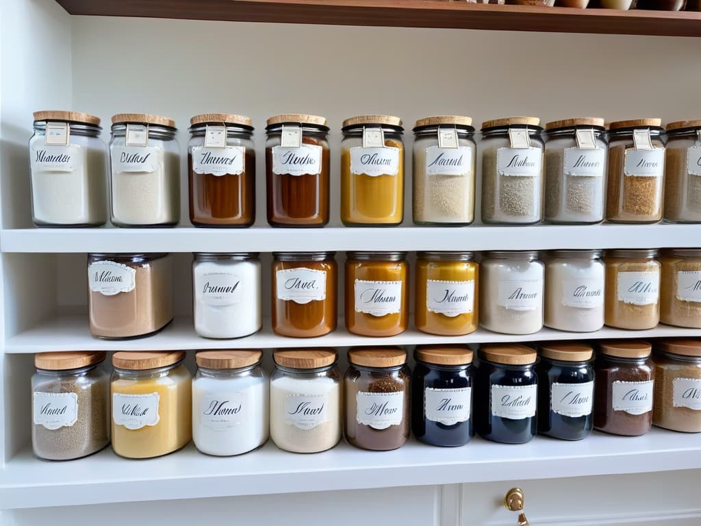  An ultradetailed image of an array of different alternative flours neatly arranged in small glass jars on a sleek, white marble countertop. Each jar is labeled with elegant calligraphy showcasing the names of the alternative flours like almond flour, coconut flour, and tapioca flour. The soft natural light coming from a nearby window casts a gentle glow on the jars, highlighting the textures and colors of the various flours, creating a serene and sophisticated visual representation of alternative baking options beyond traditional wheat flour. hyperrealistic, full body, detailed clothing, highly detailed, cinematic lighting, stunningly beautiful, intricate, sharp focus, f/1. 8, 85mm, (centered image composition), (professionally color graded), ((bright soft diffused light)), volumetric fog, trending on instagram, trending on tumblr, HDR 4K, 8K