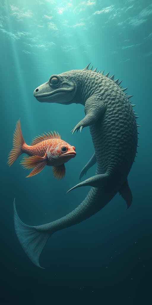  good quality, high quality, a firefish swiming right next to a mosasaurus, epic, realistic, highly detailed