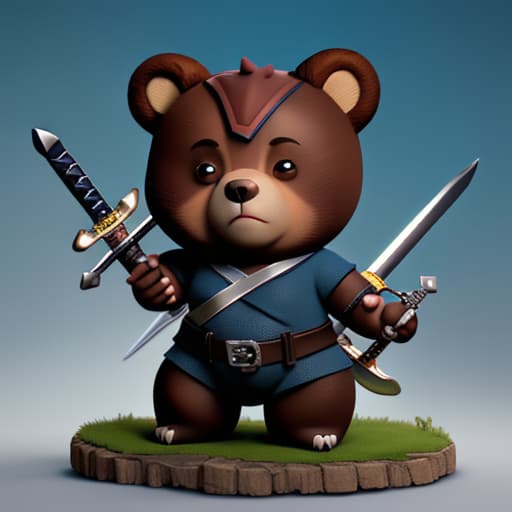  "Tiny chubby superhero bear with a sword."