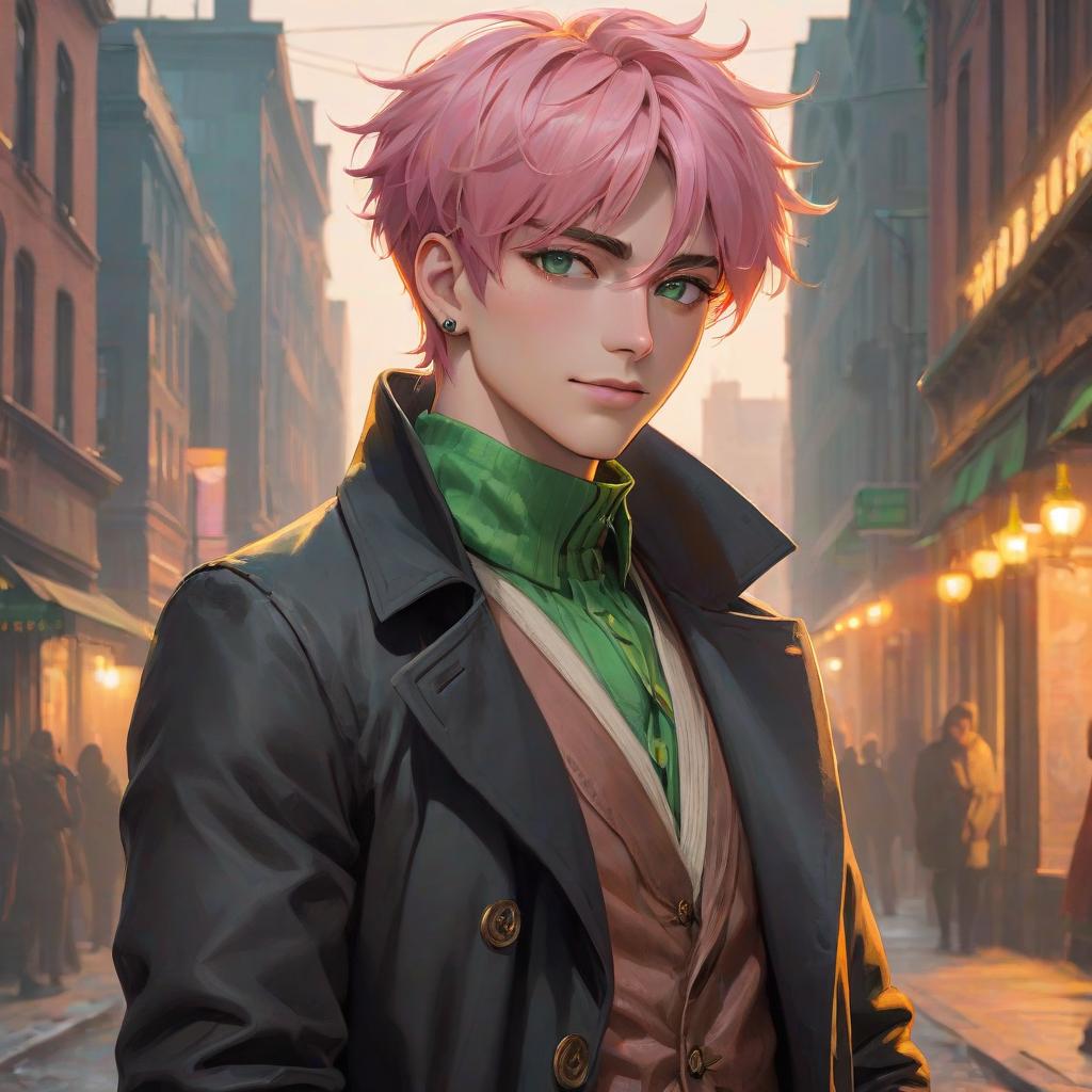  A cheerful and bright guy with short, messy, pink hair. Orange boots with green laces. Bright colors. Bold. His eyes are brown. He is standing tall. A black coat with a high collar. A beige background. hyperrealistic, full body, detailed clothing, highly detailed, cinematic lighting, stunningly beautiful, intricate, sharp focus, f/1. 8, 85mm, (centered image composition), (professionally color graded), ((bright soft diffused light)), volumetric fog, trending on instagram, trending on tumblr, HDR 4K, 8K