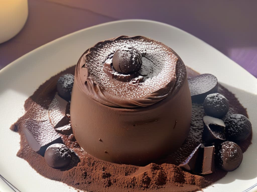  An ultradetailed closeup image of a luxurious dark chocolate truffle being dusted with a fine layer of cocoa powder, showcasing the exquisite texture and rich color of the dessert. The lighting is soft, emphasizing the contrast between the glossy surface of the truffle and the powdery cocoa, creating a visually appealing and mouthwatering composition that perfectly captures the essence of chocolate as a decadent treat. hyperrealistic, full body, detailed clothing, highly detailed, cinematic lighting, stunningly beautiful, intricate, sharp focus, f/1. 8, 85mm, (centered image composition), (professionally color graded), ((bright soft diffused light)), volumetric fog, trending on instagram, trending on tumblr, HDR 4K, 8K