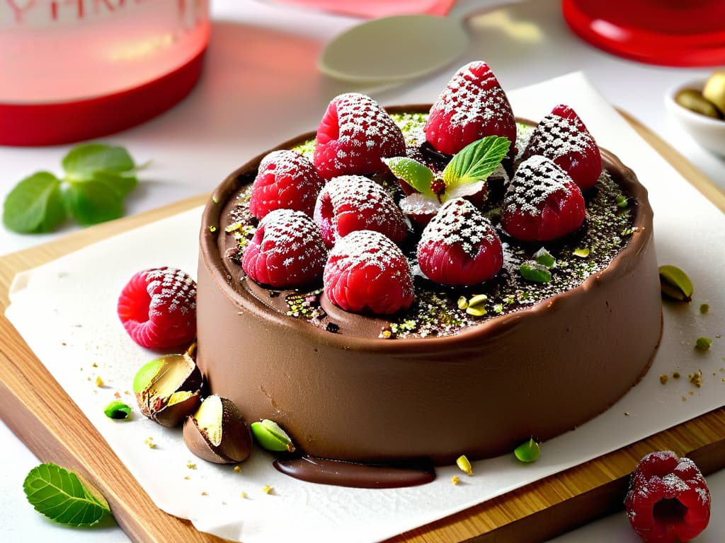  A closeup, ultradetailed image of a creamy, decadent chocolate mousse topped with fresh raspberries and a sprinkle of crushed pistachios. The rich texture of the mousse is evident, with tiny air bubbles creating a light and fluffy consistency. The vibrant red of the raspberries contrasts beautifully with the deep brown of the chocolate, and the vibrant green of the pistachios adds a pop of color. The dish is elegantly presented on a simple, white ceramic plate, emphasizing the luxurious yet minimalistic feel of the dessert. hyperrealistic, full body, detailed clothing, highly detailed, cinematic lighting, stunningly beautiful, intricate, sharp focus, f/1. 8, 85mm, (centered image composition), (professionally color graded), ((bright soft diffused light)), volumetric fog, trending on instagram, trending on tumblr, HDR 4K, 8K