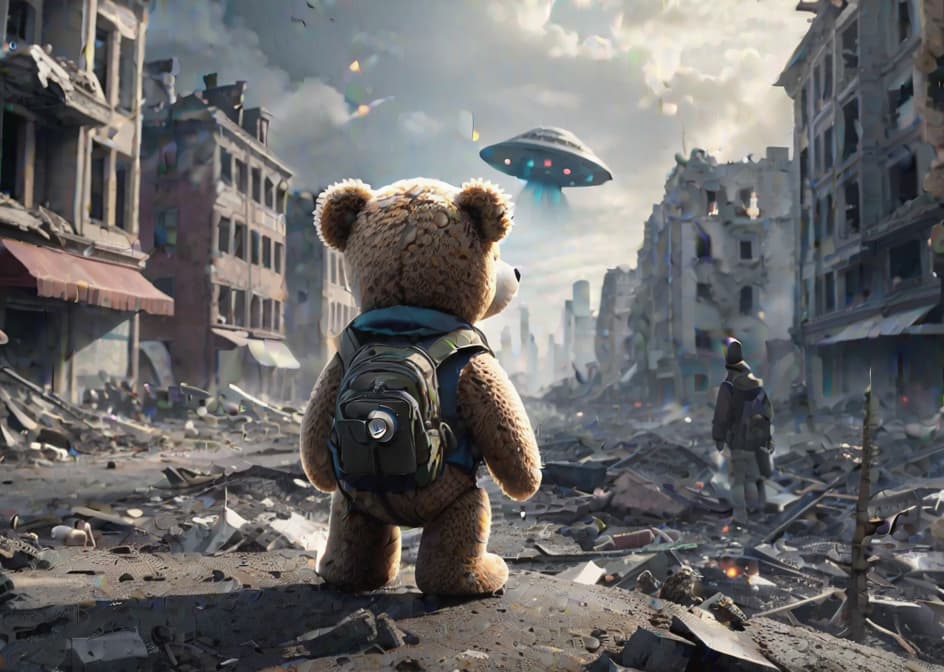  Concept vector art, ultra-wide shot, a small Teddybear doll watching an alien invasion, city destroyed, depth of field, award-winning, (epic composition, epic proportion) hyperrealistic, full body, detailed clothing, highly detailed, cinematic lighting, stunningly beautiful, intricate, sharp focus, f/1.8, 85mm, ((bright soft diffused light)), volumetric fog, trending on Instagram, trending on Tumblr, HDR 4K, 8K hyperrealistic, full body, detailed clothing, highly detailed, cinematic lighting, stunningly beautiful, intricate, sharp focus, f/1. 8, 85mm, (centered image composition), (professionally color graded), ((bright soft diffused light)), volumetric fog, trending on instagram, trending on tumblr, HDR 4K, 8K