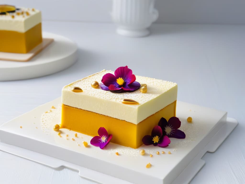  An ultradetailed 8k image of a delicately plated traditional Andean dessert featuring yacón as the main ingredient, showcasing intricate layers of moist cake infused with yacón syrup, topped with a glossy yacón glaze and garnished with edible flowers and gold leaf accents, set against a simple, elegant white backdrop to highlight the dessert's natural beauty and exquisite craftsmanship. hyperrealistic, full body, detailed clothing, highly detailed, cinematic lighting, stunningly beautiful, intricate, sharp focus, f/1. 8, 85mm, (centered image composition), (professionally color graded), ((bright soft diffused light)), volumetric fog, trending on instagram, trending on tumblr, HDR 4K, 8K