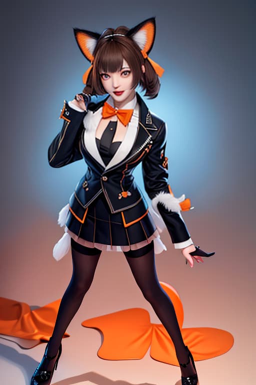  masterpiece, best quality, 1, solo, animal ears, bow, teeth, jacket, tail, open mouth, brown hair, orange background, bowtie, orange nails, simple background, cat ears, orange eyes, blue bow, animal ear fluff, cat tail, looking at viewer, upper body, shirt, uniform, hood, striped bow, striped, white shirt, black jacket, blue bowtie, fingernails, long sleeves, cat , bangs, fangs, collared shirt, striped bowtie, short hair, tongue, hoodie, sharp teeth, facial mark, claw pose hyperrealistic, full body, detailed clothing, highly detailed, cinematic lighting, stunningly beautiful, intricate, sharp focus, f/1. 8, 85mm, (centered image composition), (professionally color graded), ((bright soft diffused light)), volumetric fog, trending on instagram, trending on tumblr, HDR 4K, 8K