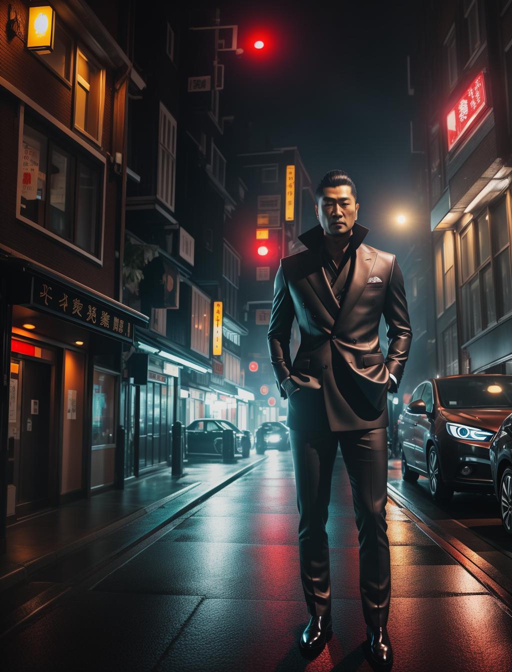  Yakuza waiting for taxi, heavy rain, Amsterdam at night, red light district hyperrealistic, full body, detailed clothing, highly detailed, cinematic lighting, stunningly beautiful, intricate, sharp focus, f/1. 8, 85mm, (centered image composition), (professionally color graded), ((bright soft diffused light)), volumetric fog, trending on instagram, trending on tumblr, HDR 4K, 8K