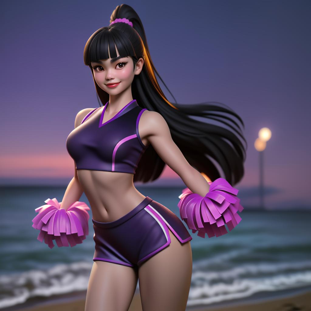  (full-body photo), a Thai woman wearing a cheerleader outfit standing on the beach party, black long blunt bangs, smile, lipstick, purple cheerleader outfit, beach, at night, ((finely detailed face)), professional photoshoot, muse, perfect anatomy, perfectly shapely body, detailed background, perfect body parts, perfect proportions, hyper-realism, professional compositions, perfect lighting, masterpiece, award winning, 8k, best quality, hyperrealistic