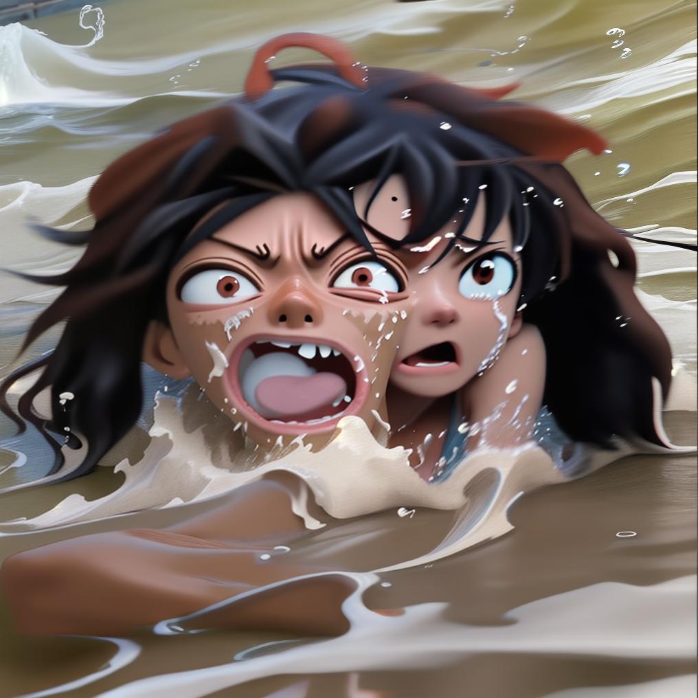  tanned Luffy drowning in the river he's screaming and panic a lot of water waves and splashes around her