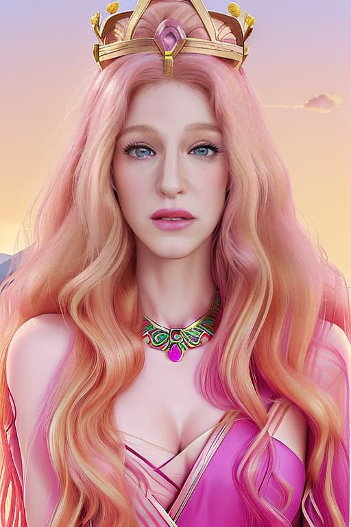  Sarah Jessica Parker as Hera, Tall, slender, hot pink skin, magenta lips, wavy golden blonde hair, magenta eyelids, blue eyes, pink aura, Greek Diadem crown and Greek goddess, Mount Olympus, Hera has long blond hair, pinkish skin, and a narrow face. Disney