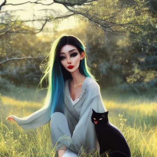  A girl with greenblue hair and orange eyes, with a black cat with eyes the same color as her hair hyperrealistic, full body, detailed clothing, highly detailed, cinematic lighting, stunningly beautiful, intricate, sharp focus, f/1. 8, 85mm, (centered image composition), (professionally color graded), ((bright soft diffused light)), volumetric fog, trending on instagram, trending on tumblr, HDR 4K, 8K