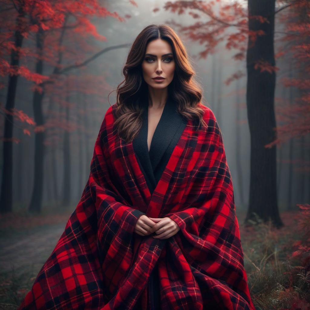  wrapped in a red plaid blanket hyperrealistic, full body, detailed clothing, highly detailed, cinematic lighting, stunningly beautiful, intricate, sharp focus, f/1. 8, 85mm, (centered image composition), (professionally color graded), ((bright soft diffused light)), volumetric fog, trending on instagram, trending on tumblr, HDR 4K, 8K