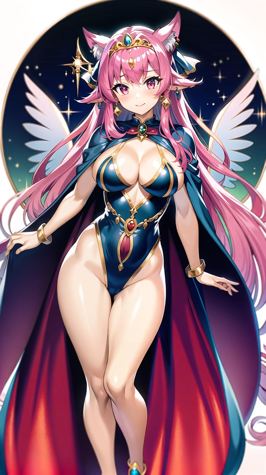  master piece , best quality,Magic hat, tiara, earrings, jewelry, long cape, huge ribbon, leotard, gloves, wings of light, red costume, long two side up hair, pink hair color, beautiful with wolf ears, wolf tail, big s, magic wand, transformation, full body