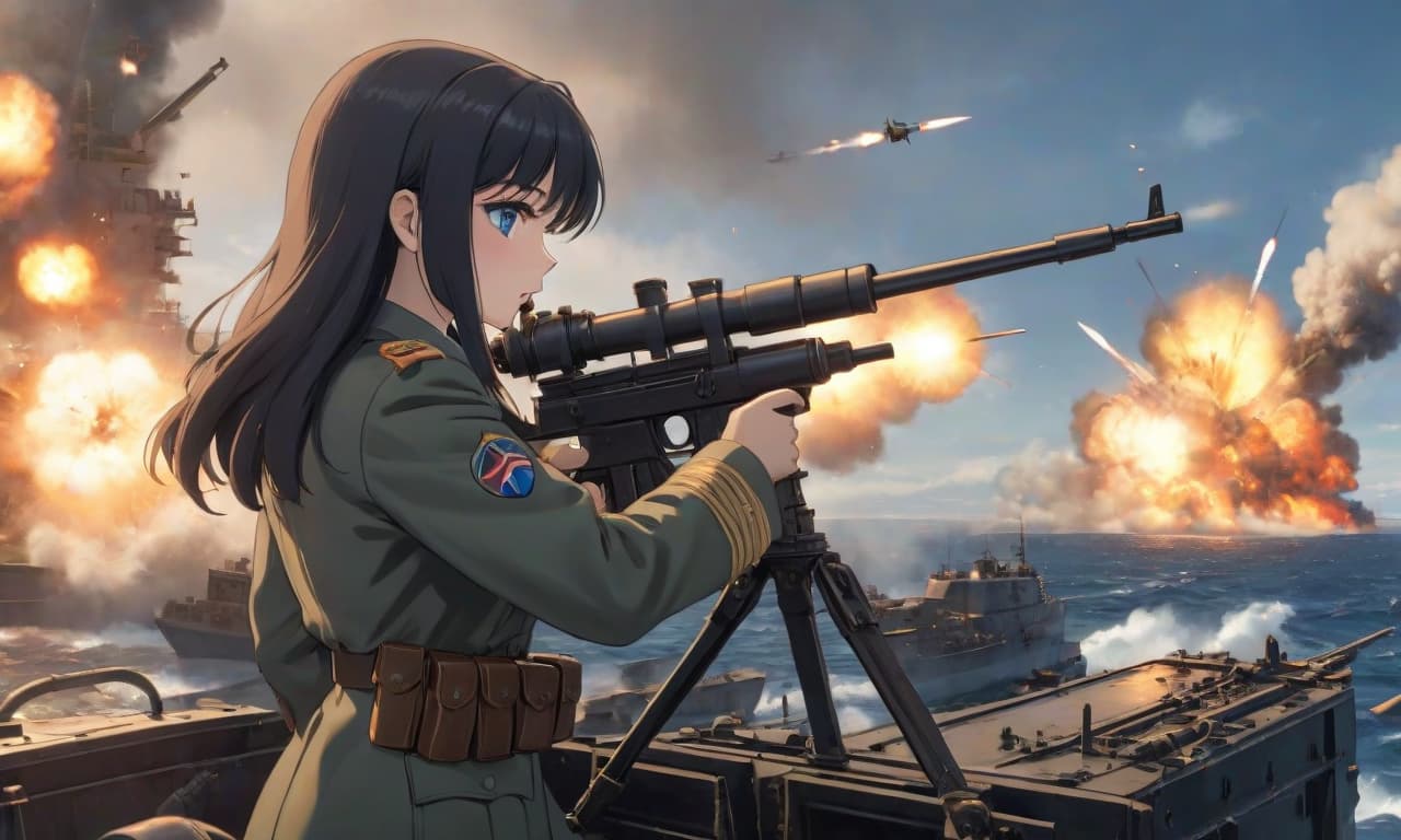  World War II, anime, side view, anti aircraft gunner girl, black long hair, blue eyes, dressed in military uniform, shoots a large anti aircraft machine gun up enemy planes, from an anti aircraft gun, on the deck of an armored boat, bullets fly, shell casings fall, smoke, flashes, a bomb falls in the background, a large explosion, sea, 1945. hyperrealistic, full body, detailed clothing, highly detailed, cinematic lighting, stunningly beautiful, intricate, sharp focus, f/1. 8, 85mm, (centered image composition), (professionally color graded), ((bright soft diffused light)), volumetric fog, trending on instagram, trending on tumblr, HDR 4K, 8K