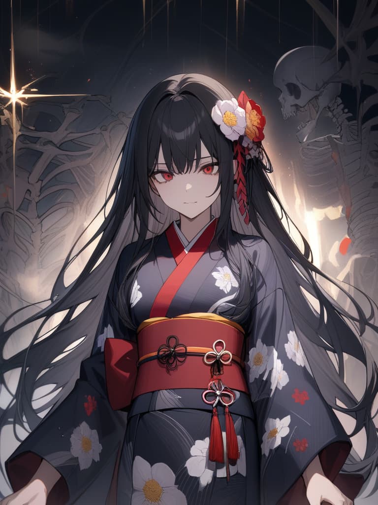  Japanese clothes,black hair,red eyes,beautiful girl,long hair,kimono,equinox flower,equinox flower kimono,eyes are shining,pressure,suspicious smile,beautiful,dark,skeleton,scaryJapanese clothes,black hair,red eyes,beautiful girl,long hair,kimono,equinox flower,equinox flower kimono,eyes are shining,pressure,suspicious smile,beautiful,dark,skeleton,scary、(absurd detailed:1.4、best quality:1.4、masterpiece:1.4)、, masterpiece, best quality,8k,ultra detailed,high resolution,an extremely delicate and beautiful,hyper detail