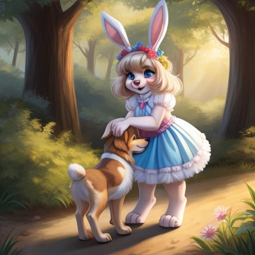  feral, bestiality, (big male dog) fucking a (young female anthro bunny), open eyes, digital art, masterpiece, 4k, fine details,