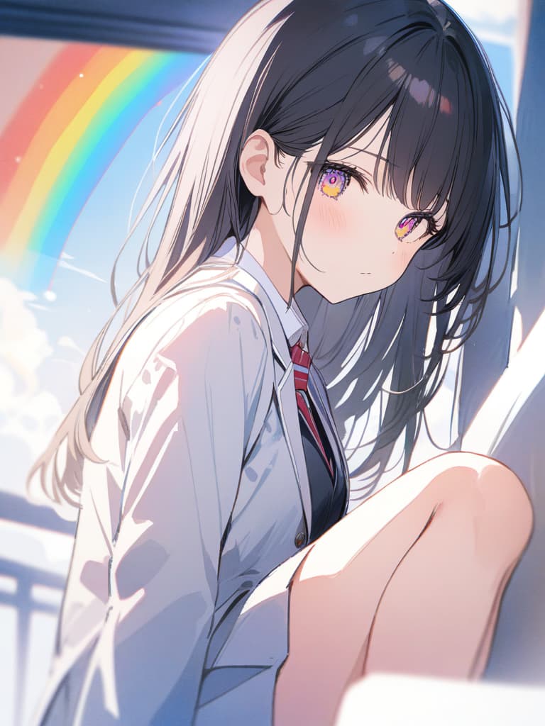  Girls, long hair, black hair, watercolor style, jumping, whole body, school uniform, blazer, rainbow eyes, masterpiece, best quality,8k,ultra detailed,high resolution,an extremely delicate and beautiful,hyper detail