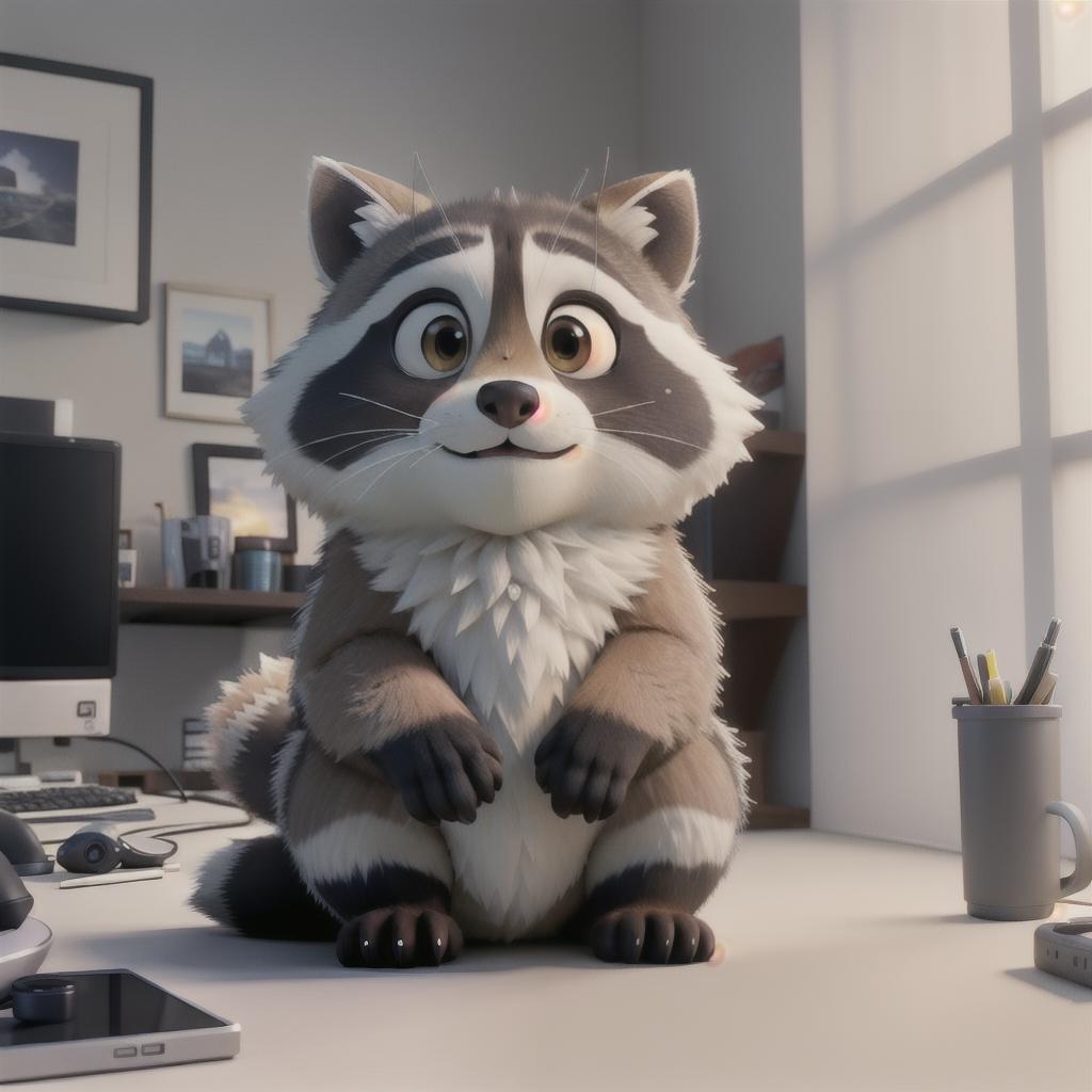  raccoon sitting in gaming chair front a computer on desktop, ((semi anthropomorphic)),(full body), tail, belly, sitting, fat, (chubby), (((white background))), solo, desktop, gaming chair, side view,  [[[clothes]]] hyperrealistic, full body, detailed clothing, highly detailed, cinematic lighting, stunningly beautiful, intricate, sharp focus, f/1. 8, 85mm, (centered image composition), (professionally color graded), ((bright soft diffused light)), volumetric fog, trending on instagram, trending on tumblr, HDR 4K, 8K